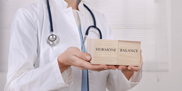 Ärztin oder Arzt hält zwei Holzklötze mit der Aufschrift „Hormone Balance“ Mehr Wohlbefinden im Zyklus
